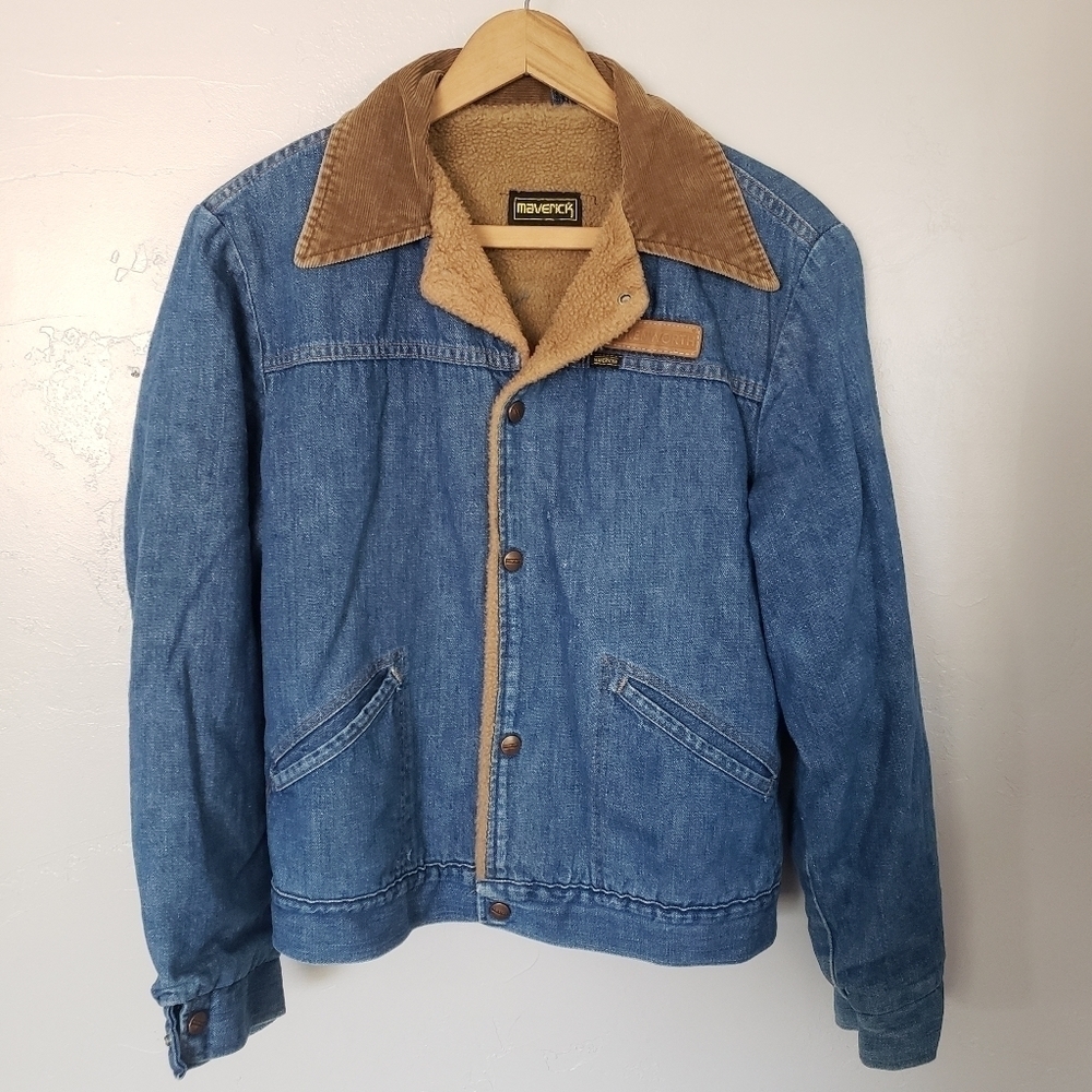 Maverick Vintage Blue Denim Jean Jacket Corduroy Collar Tan Sherpa Lining Large